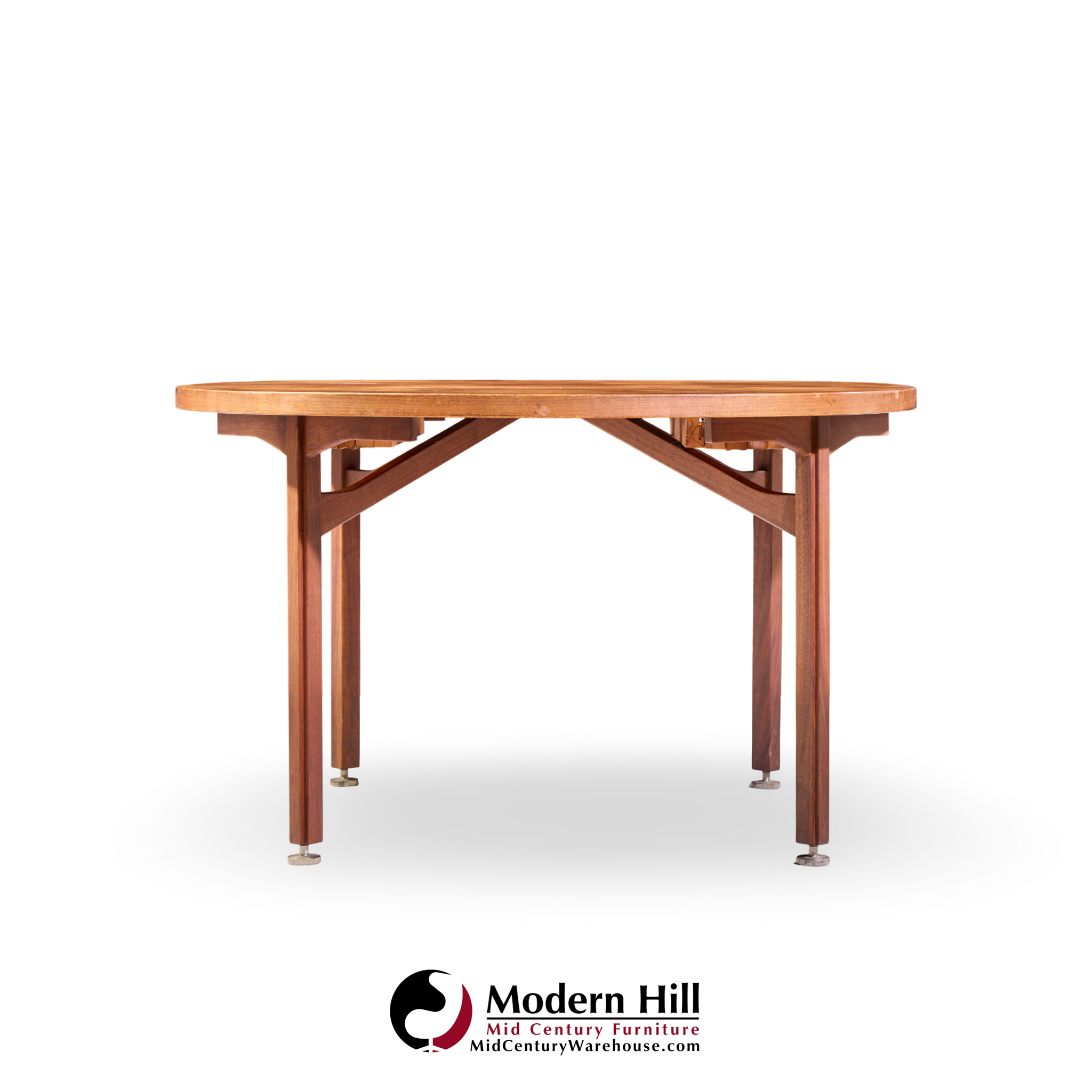 jens risom mid century walnut round expanding dining table with 3 leaves