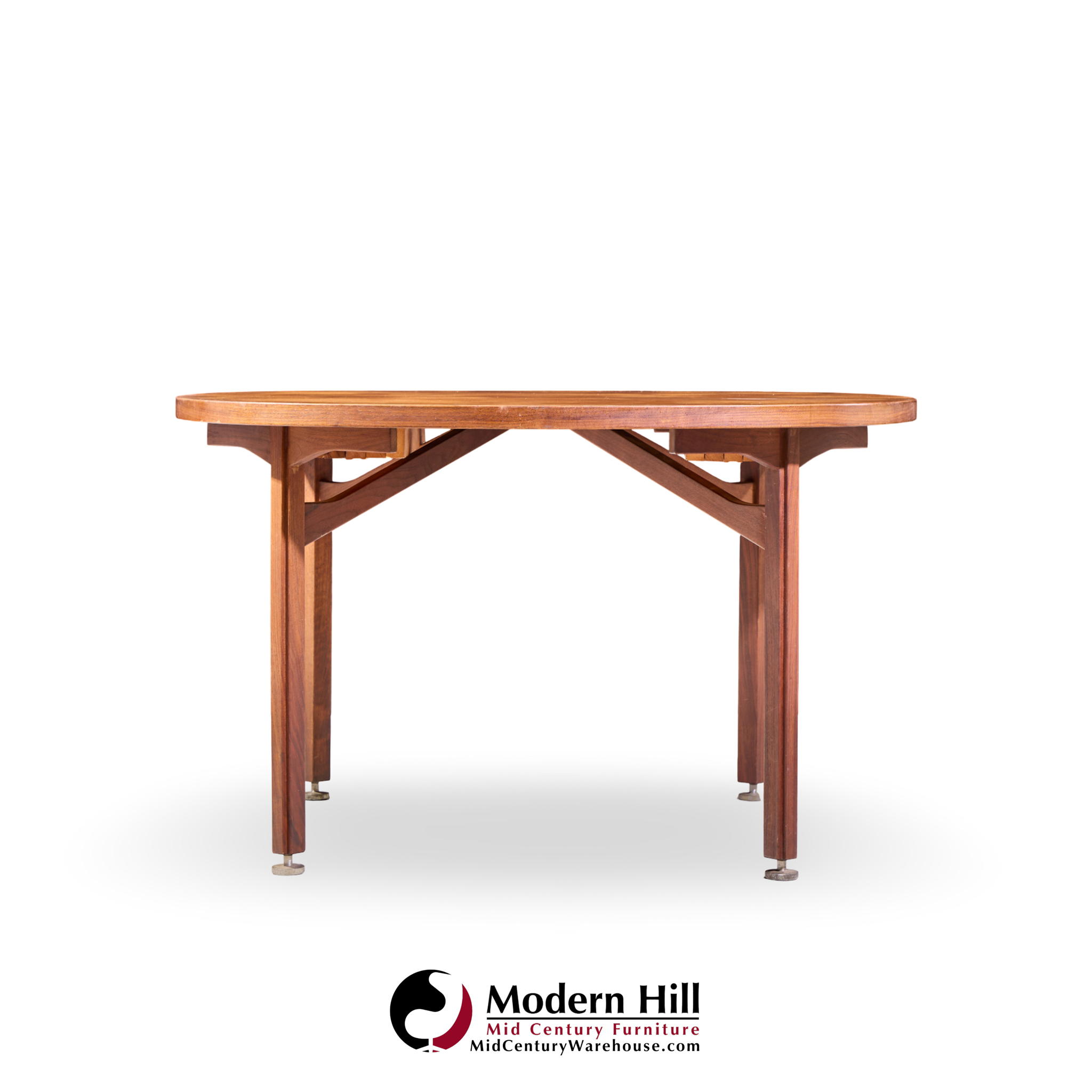 jens risom mid century walnut round expanding dining table with 3 leaves