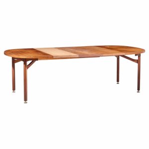 jens risom mid century walnut round expanding dining table with 3 leaves