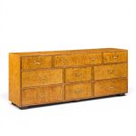 John Widdicomb Campaign Mid Century Burlwood and Brass Lowboy Dresser