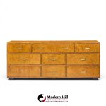 John Widdicomb Campaign Mid Century Burlwood and Brass Lowboy Dresser