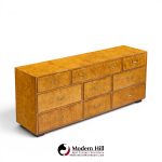 John Widdicomb Campaign Mid Century Burlwood and Brass Lowboy Dresser