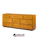 John Widdicomb Campaign Mid Century Burlwood and Brass Lowboy Dresser
