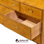 John Widdicomb Campaign Mid Century Burlwood and Brass Lowboy Dresser