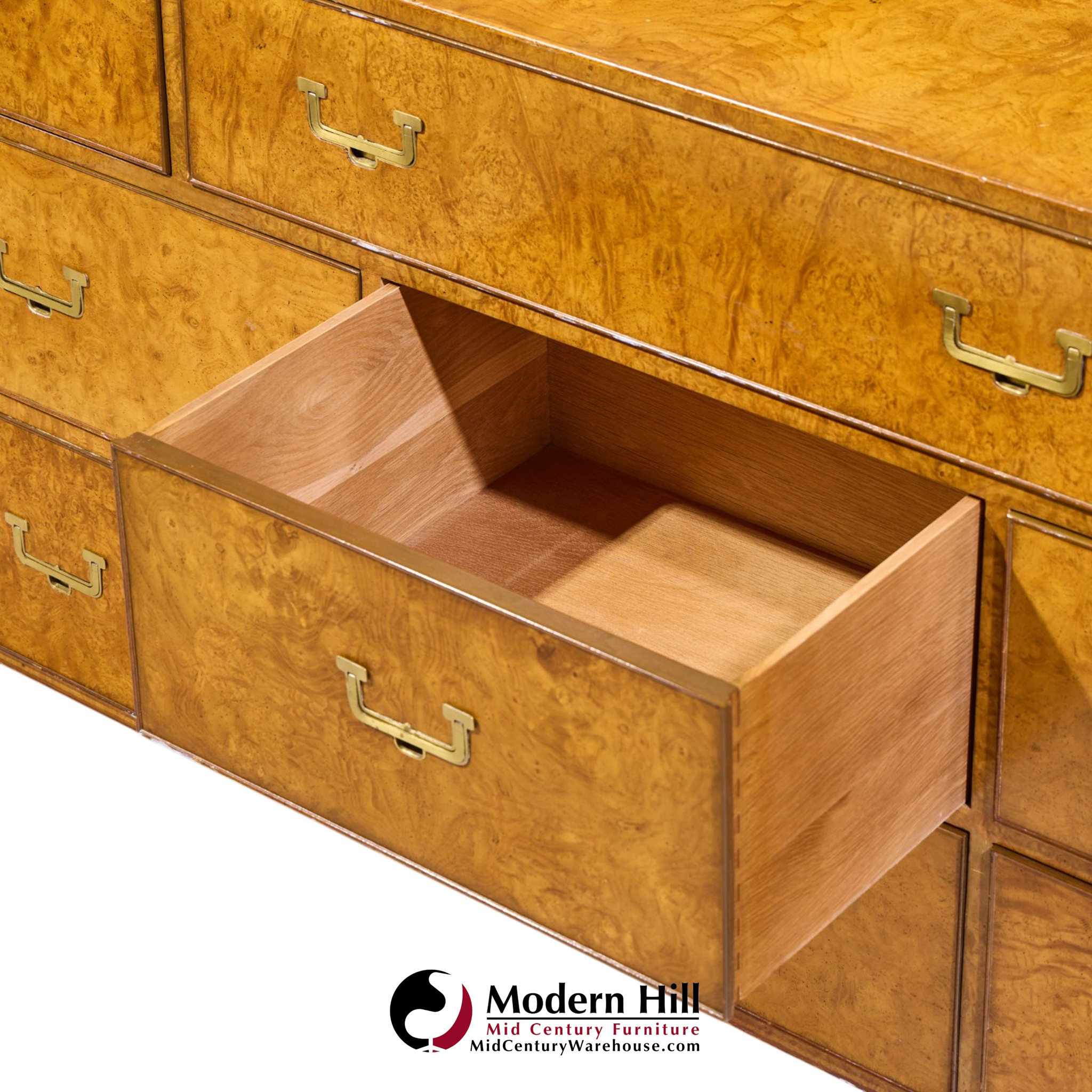 John Widdicomb Campaign Mid Century Burlwood and Brass Lowboy Dresser