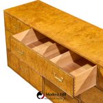 John Widdicomb Campaign Mid Century Burlwood and Brass Lowboy Dresser