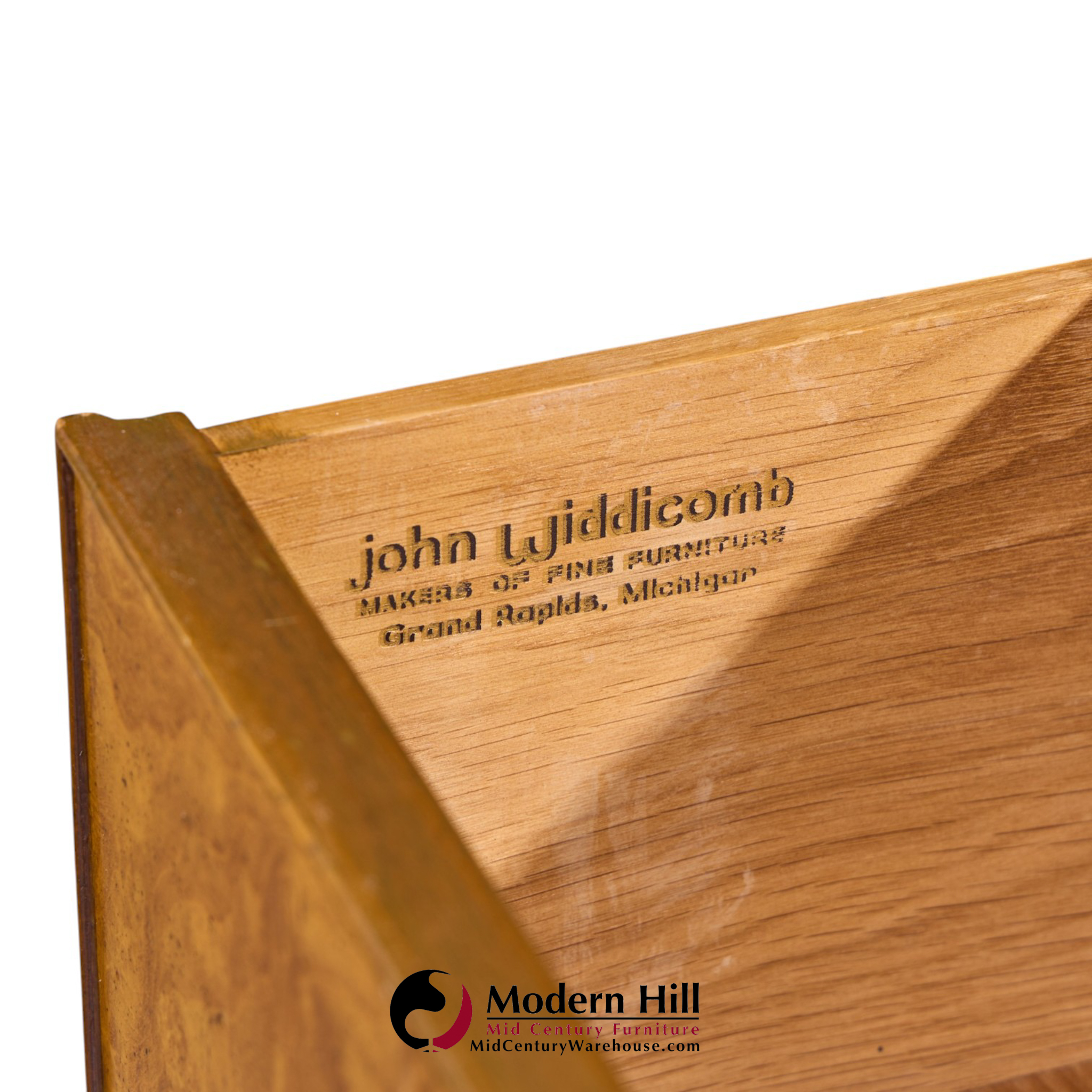 John Widdicomb Campaign Mid Century Burlwood and Brass Lowboy Dresser