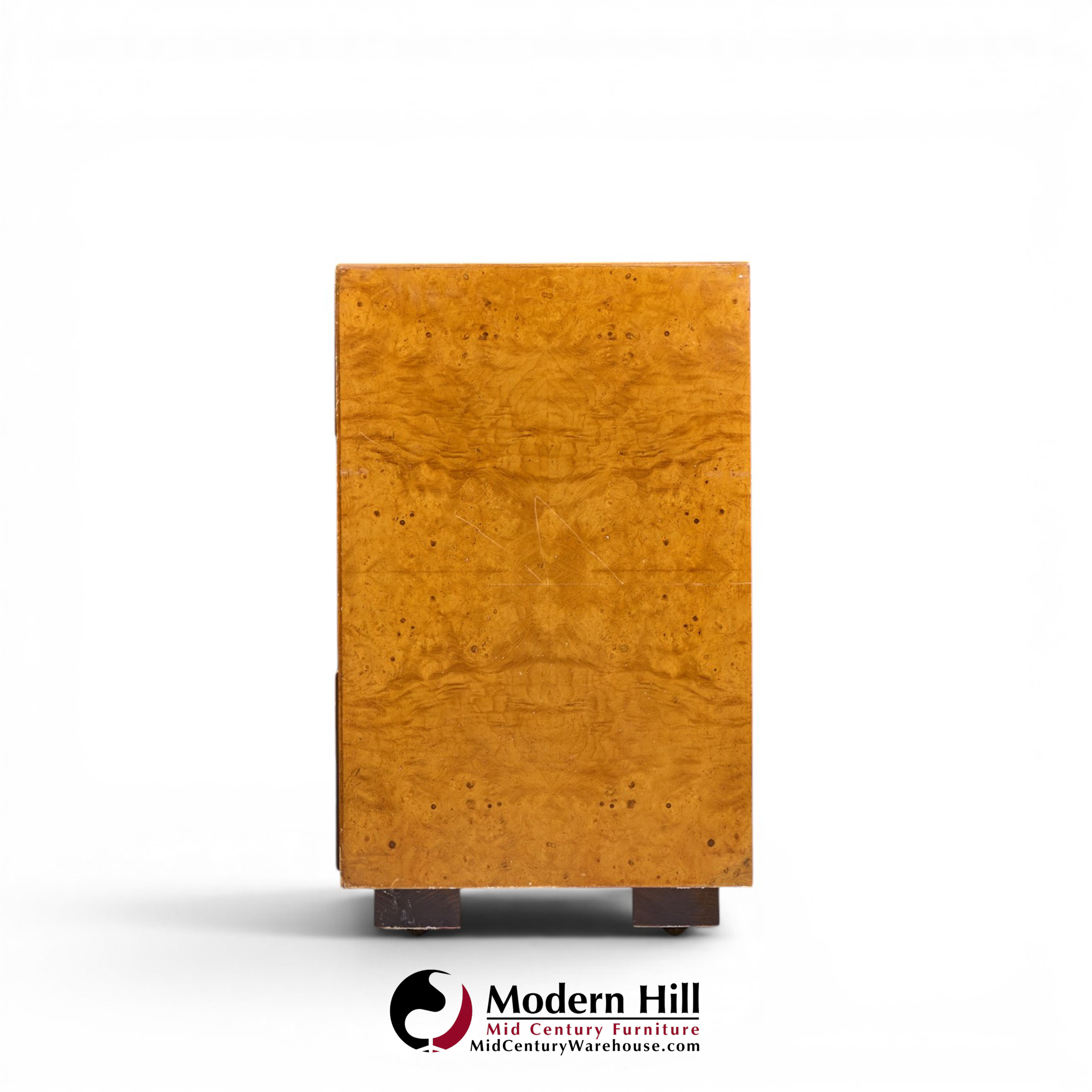 John Widdicomb Campaign Mid Century Burlwood and Brass Lowboy Dresser