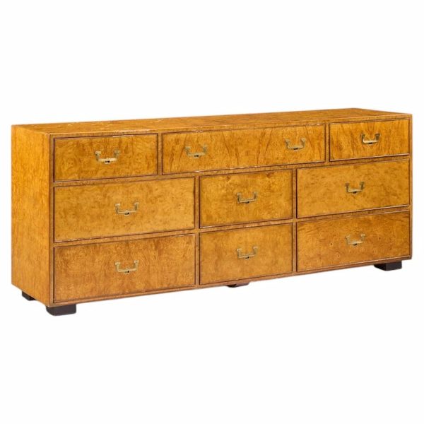 John Widdicomb Campaign Mid Century Burlwood and Brass Lowboy Dresser