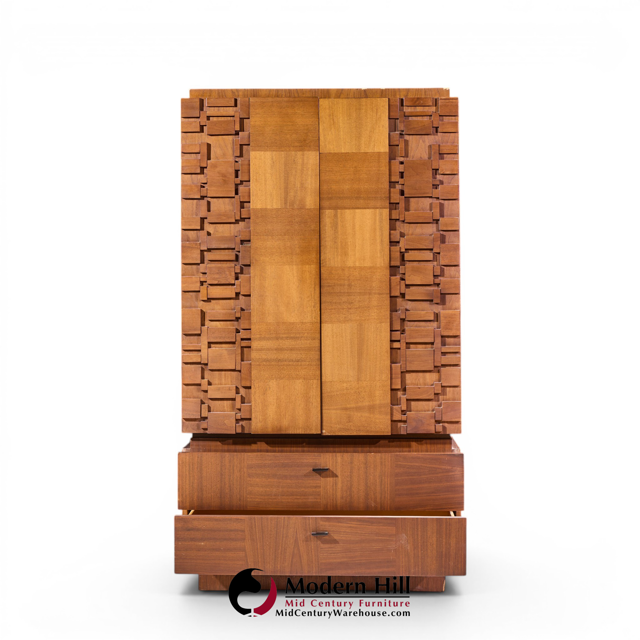 Lane Brutalist Mid Century Walnut Armoire Dresser
