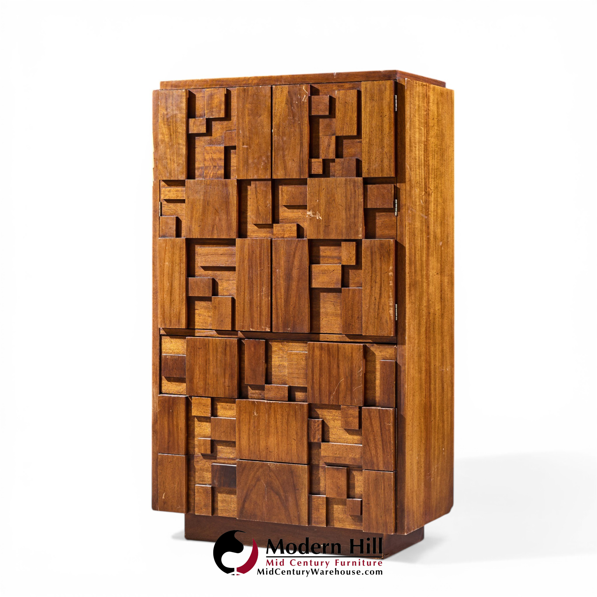 Lane Staccato Brutalist Mid Century Walnut Highboy Armoire Dresser
