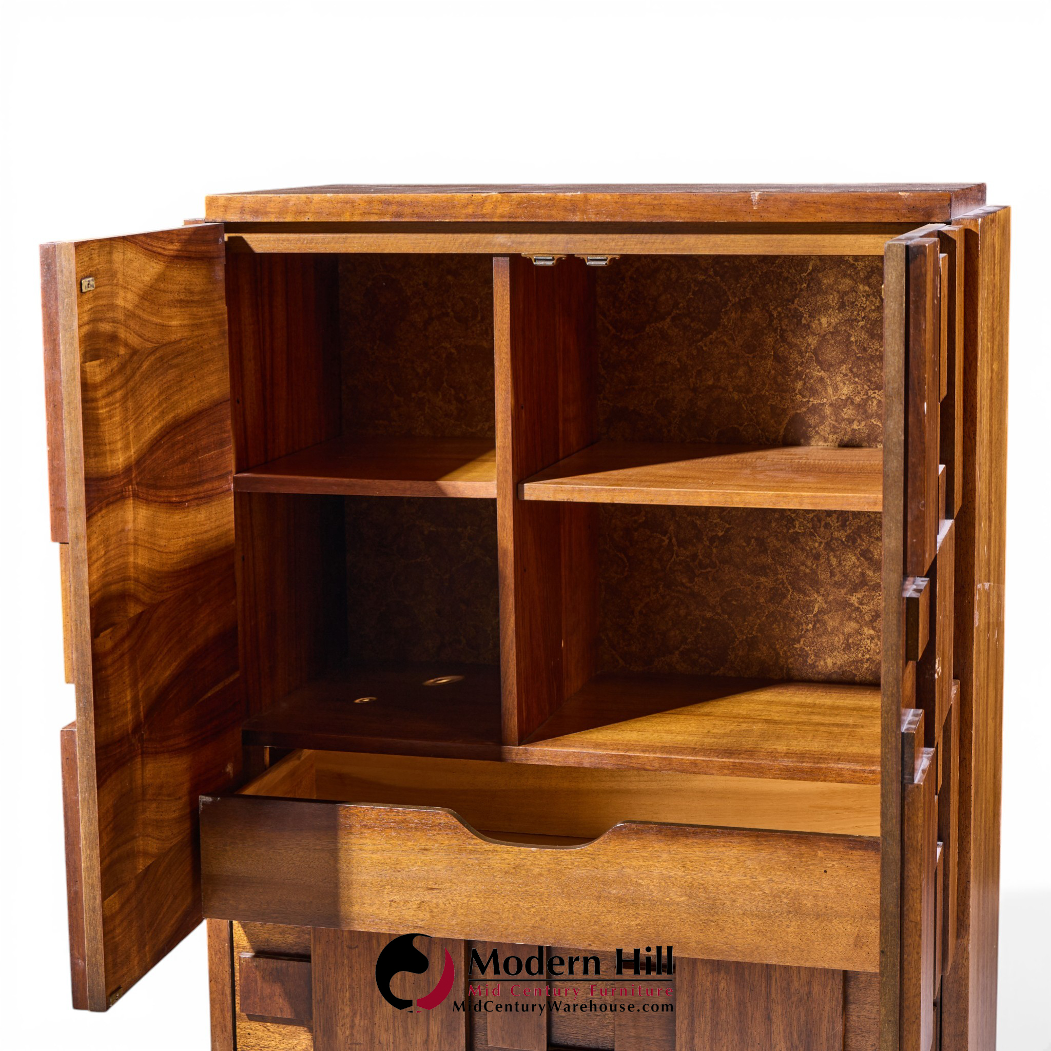 Lane Staccato Brutalist Mid Century Walnut Highboy Armoire Dresser