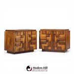 Lane Staccato Mid Century Brutalist Walnut Nightstands - Pair