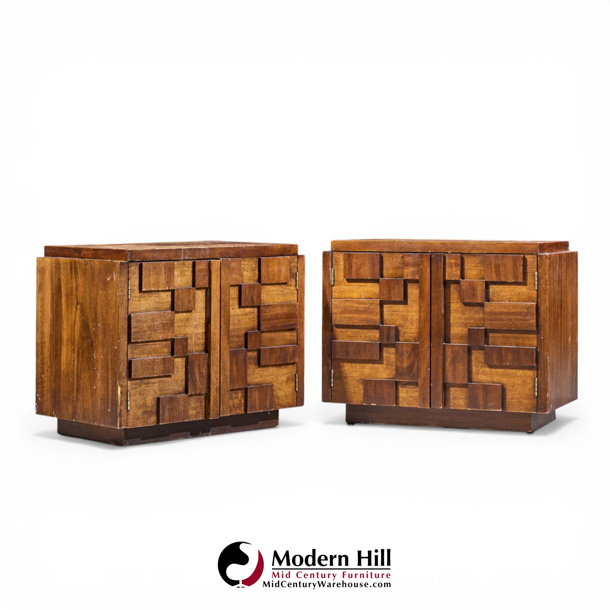 Lane Staccato Mid Century Brutalist Walnut Nightstands - Pair