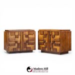 Lane Staccato Mid Century Brutalist Walnut Nightstands - Pair