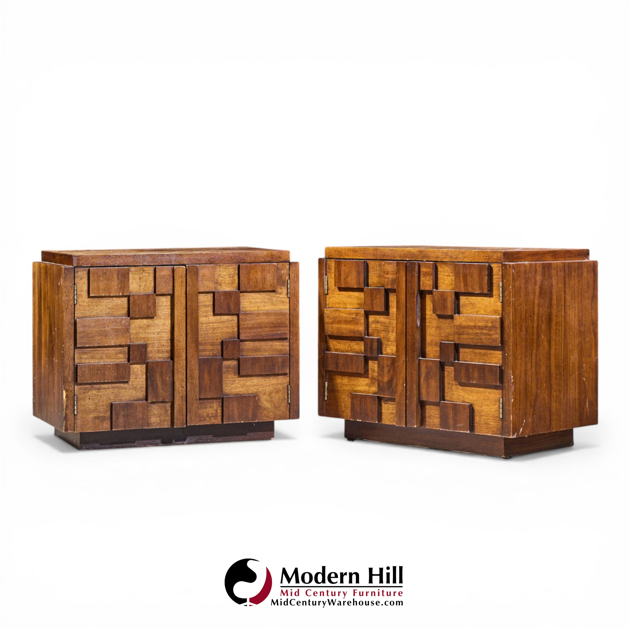 Lane Staccato Mid Century Brutalist Walnut Nightstands - Pair