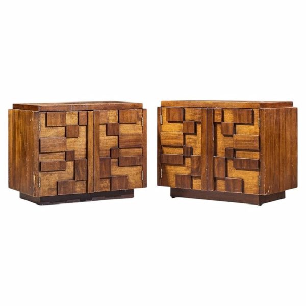 Lane Staccato Mid Century Brutalist Walnut Nightstands - Pair