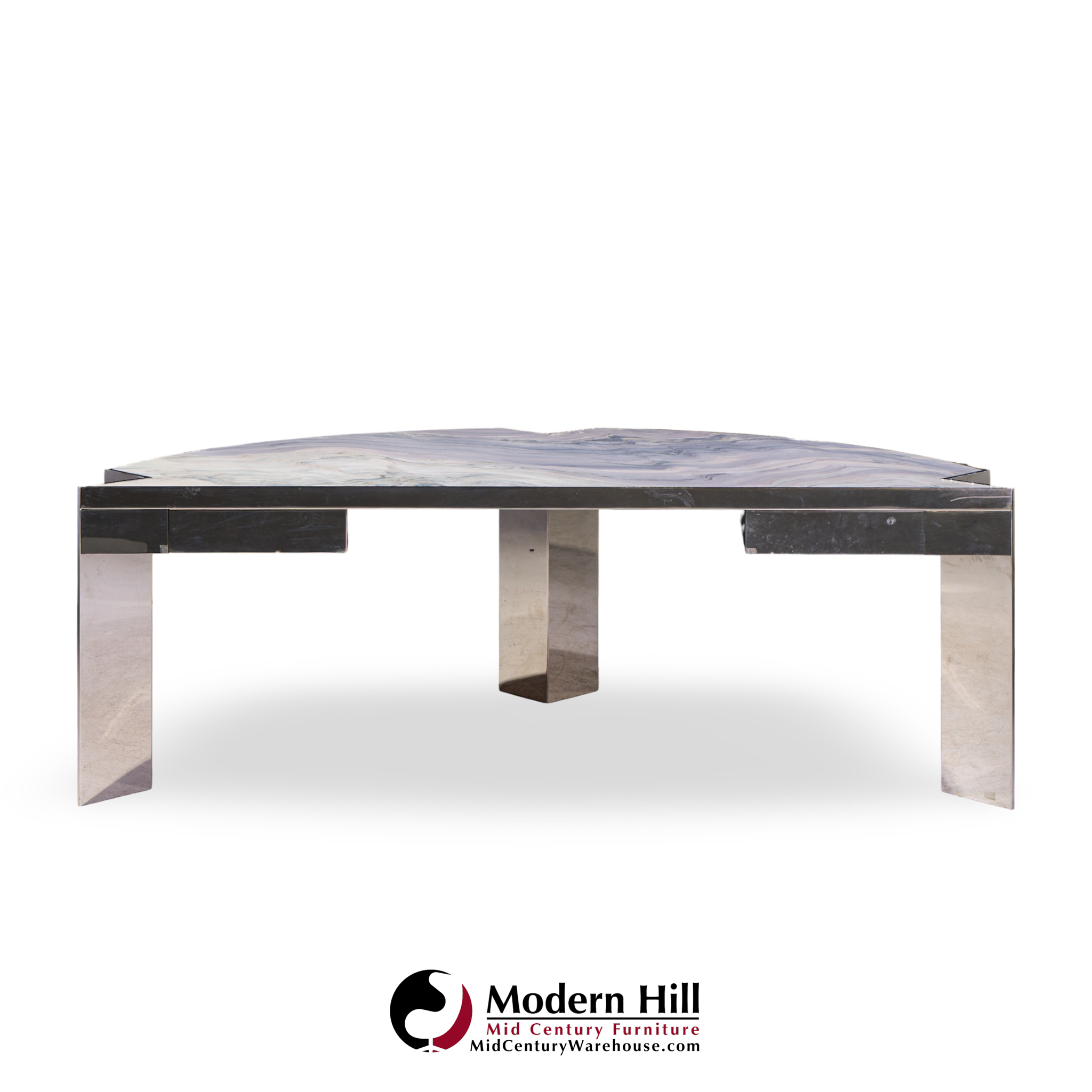 Leon Rosen for Pace Collection Mezzaluna Mid Century Chrome and Stone Desk