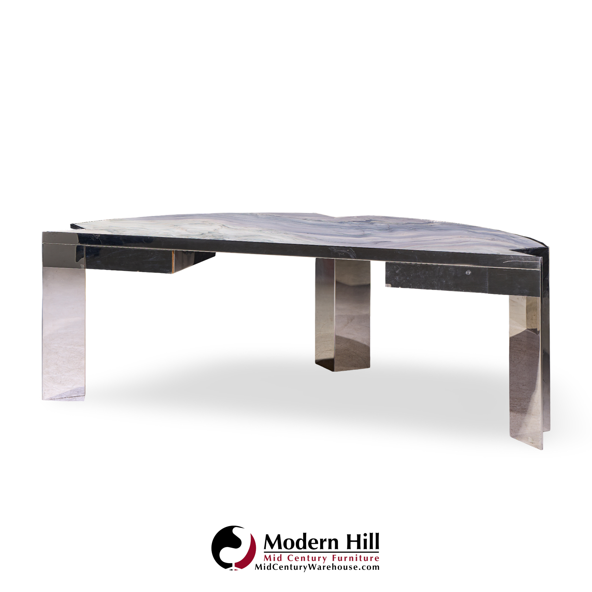 Leon Rosen for Pace Collection Mezzaluna Mid Century Chrome and Stone Desk