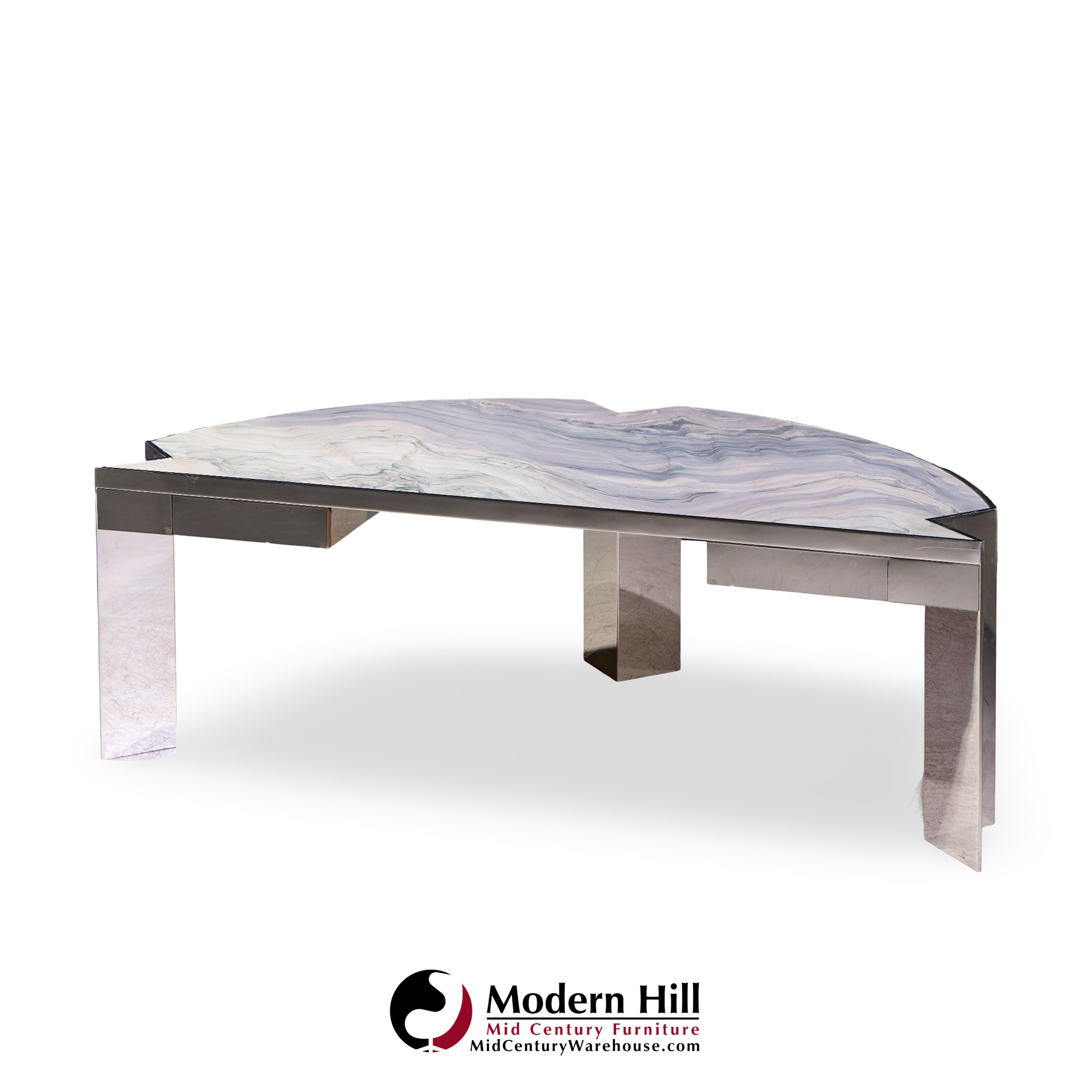 Leon Rosen for Pace Collection Mezzaluna Mid Century Chrome and Stone Desk