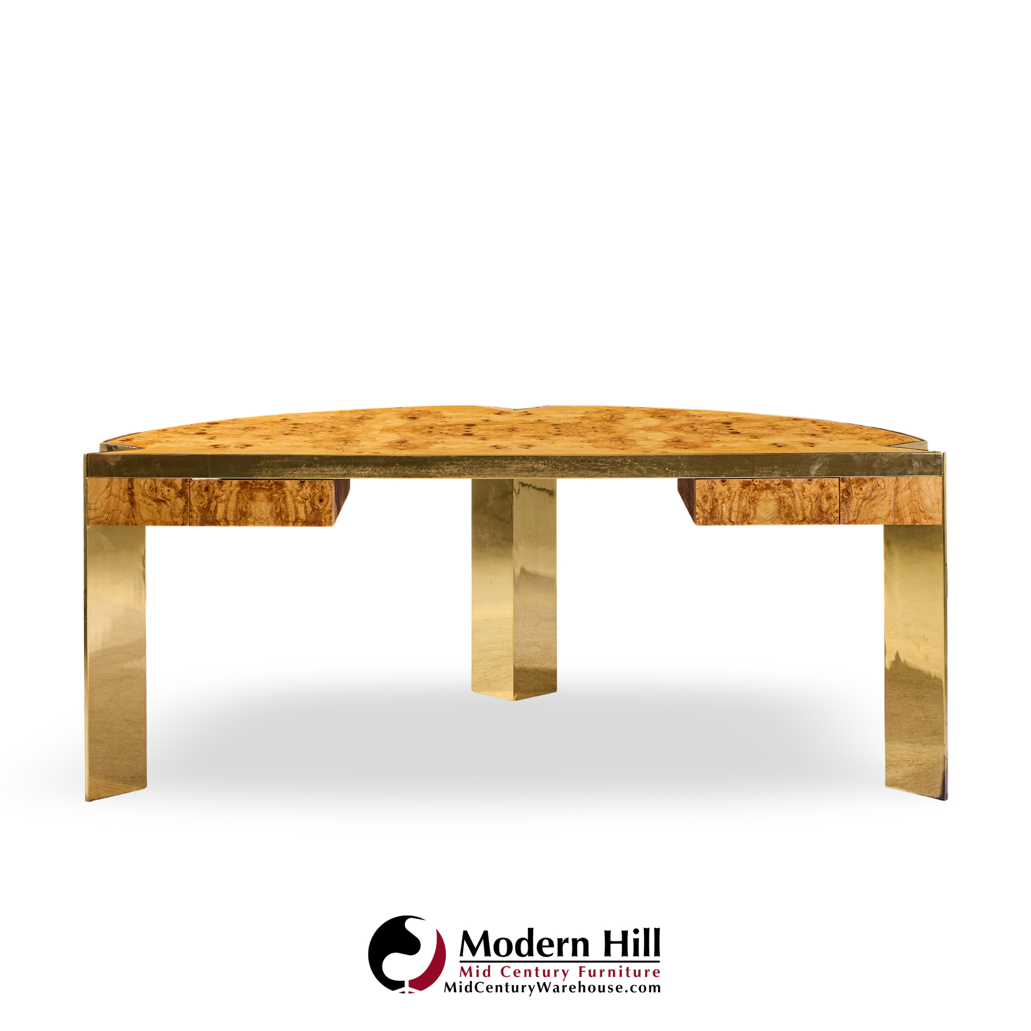 Leon Rosen for Pace Mid Century Burlwood and Brass Excutive Desk