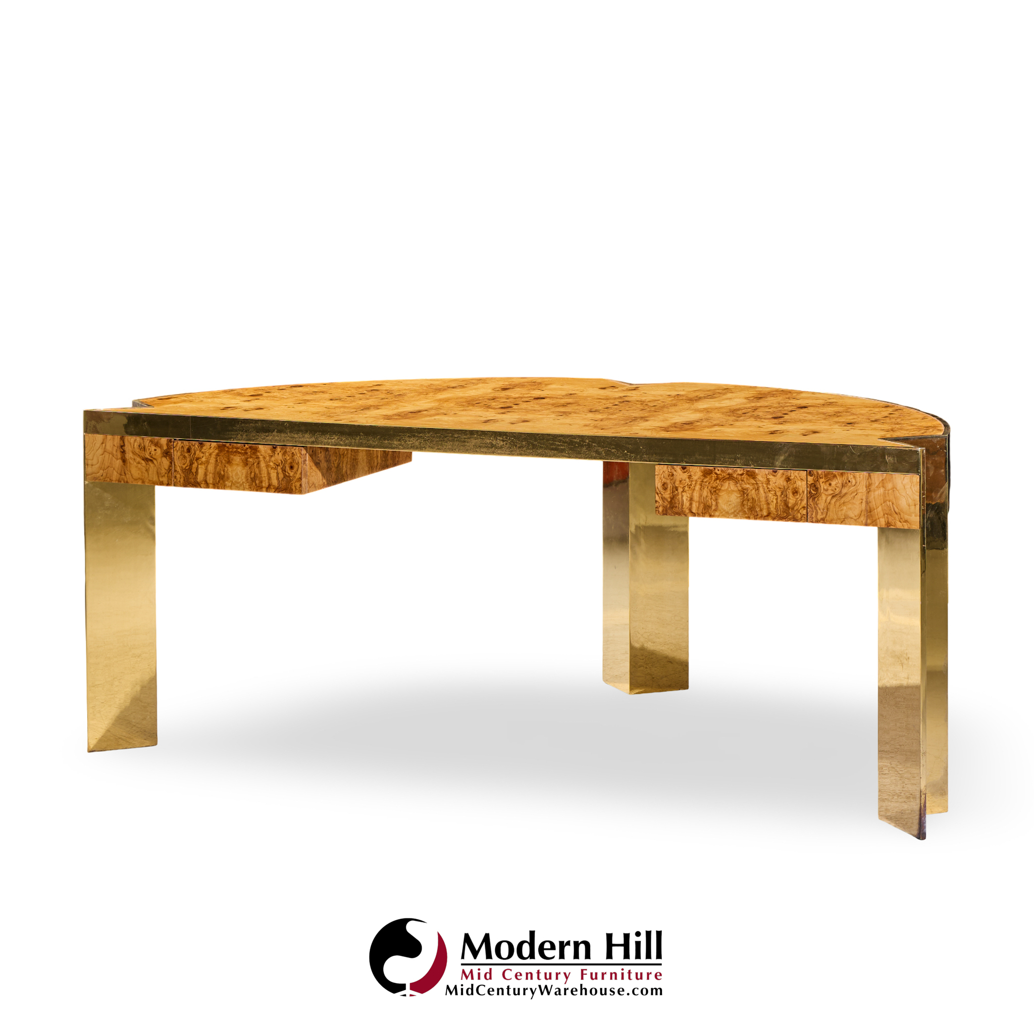 Leon Rosen for Pace Mid Century Burlwood and Brass Excutive Desk