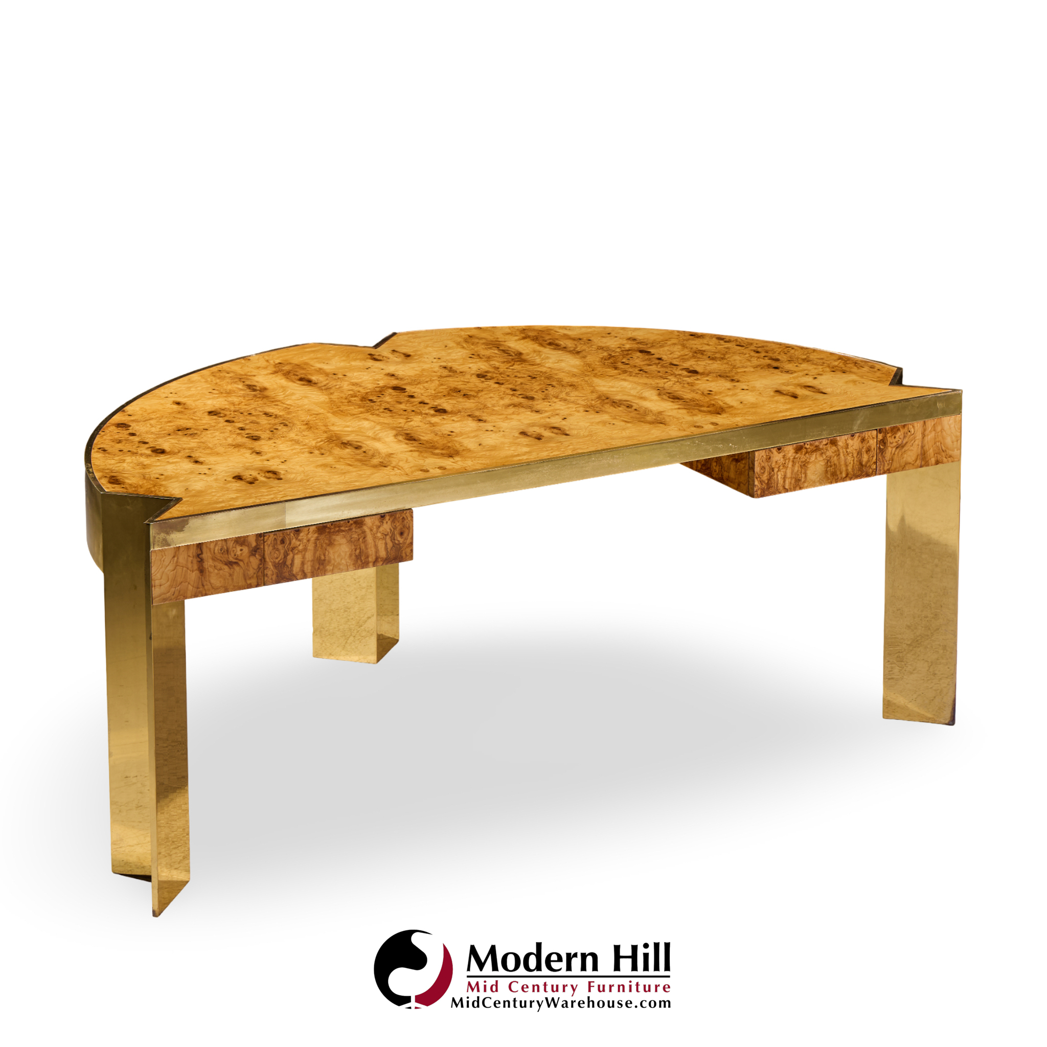 Leon Rosen for Pace Mid Century Burlwood and Brass Excutive Desk