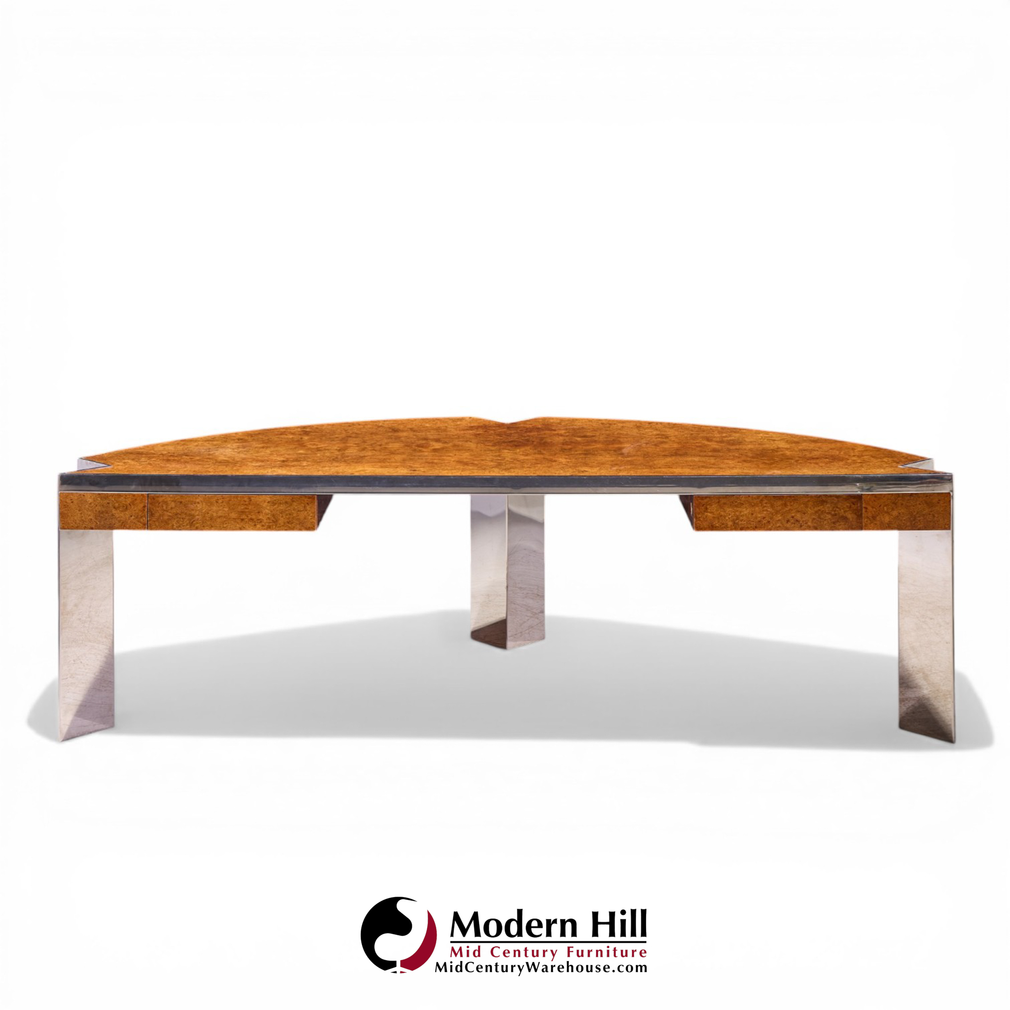 Leon Rosen for Pace Mid Century Burlwood and Chrome Executive Desk