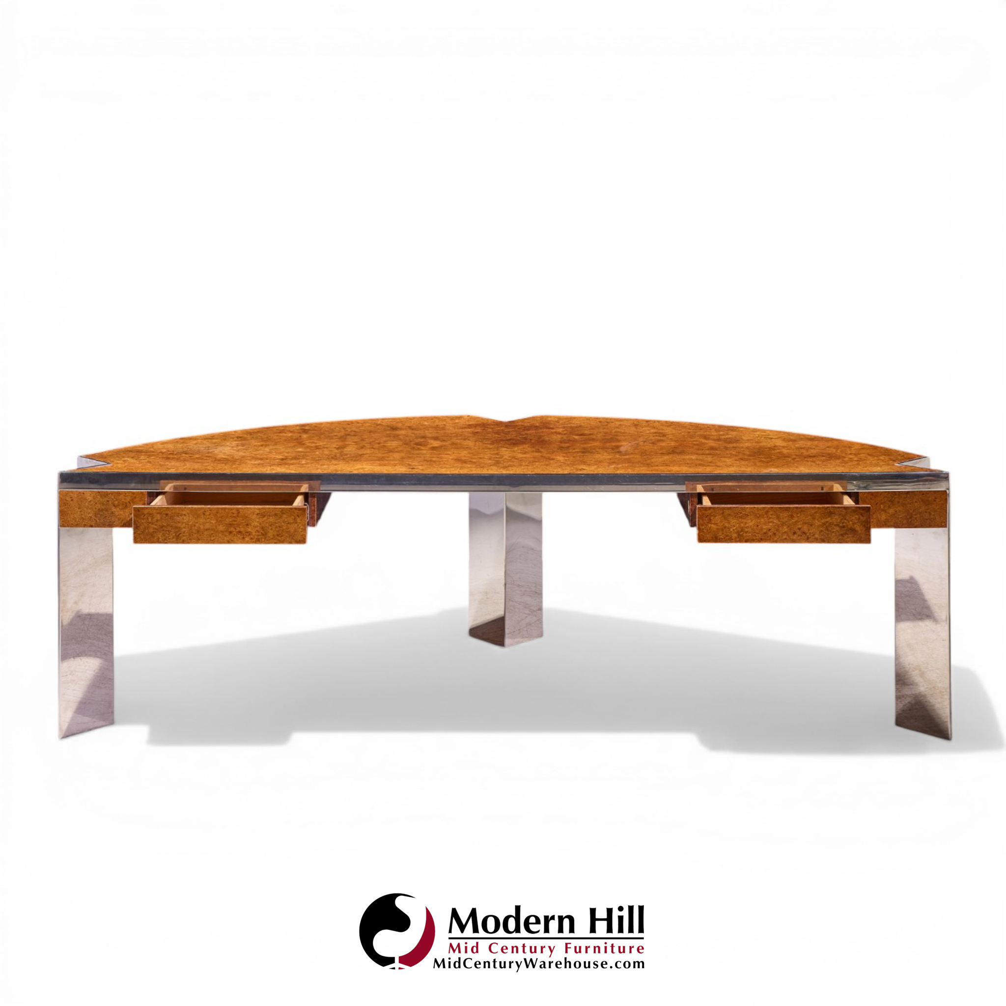 Leon Rosen for Pace Mid Century Burlwood and Chrome Executive Desk