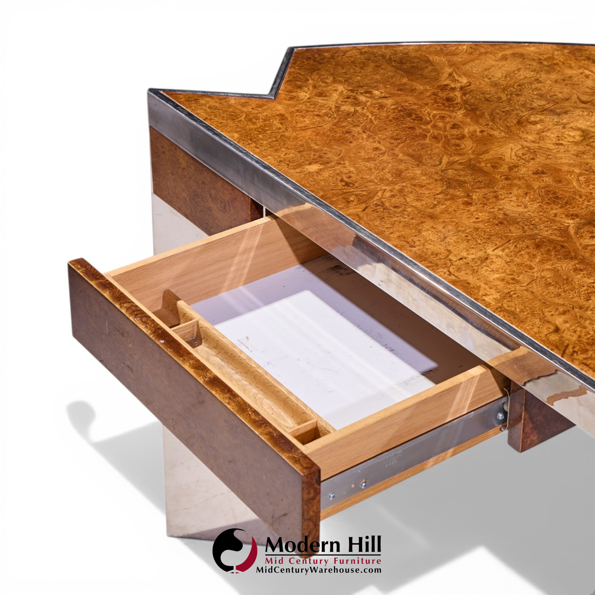 Leon Rosen for Pace Mid Century Burlwood and Chrome Executive Desk