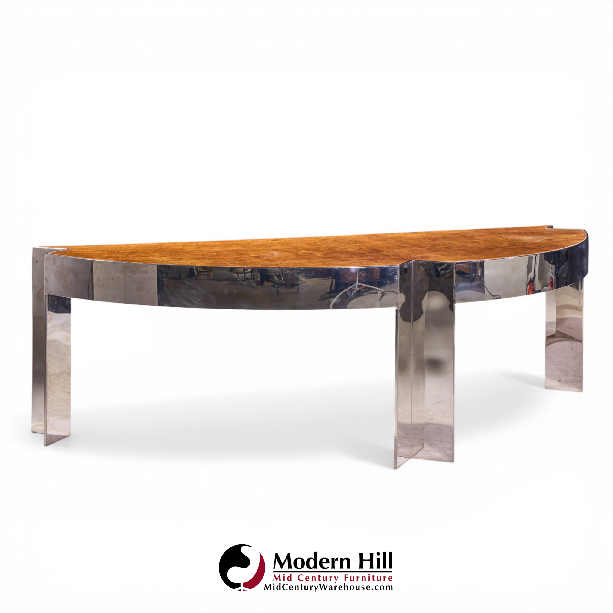 Leon Rosen for Pace Mid Century Burlwood and Chrome Executive Desk