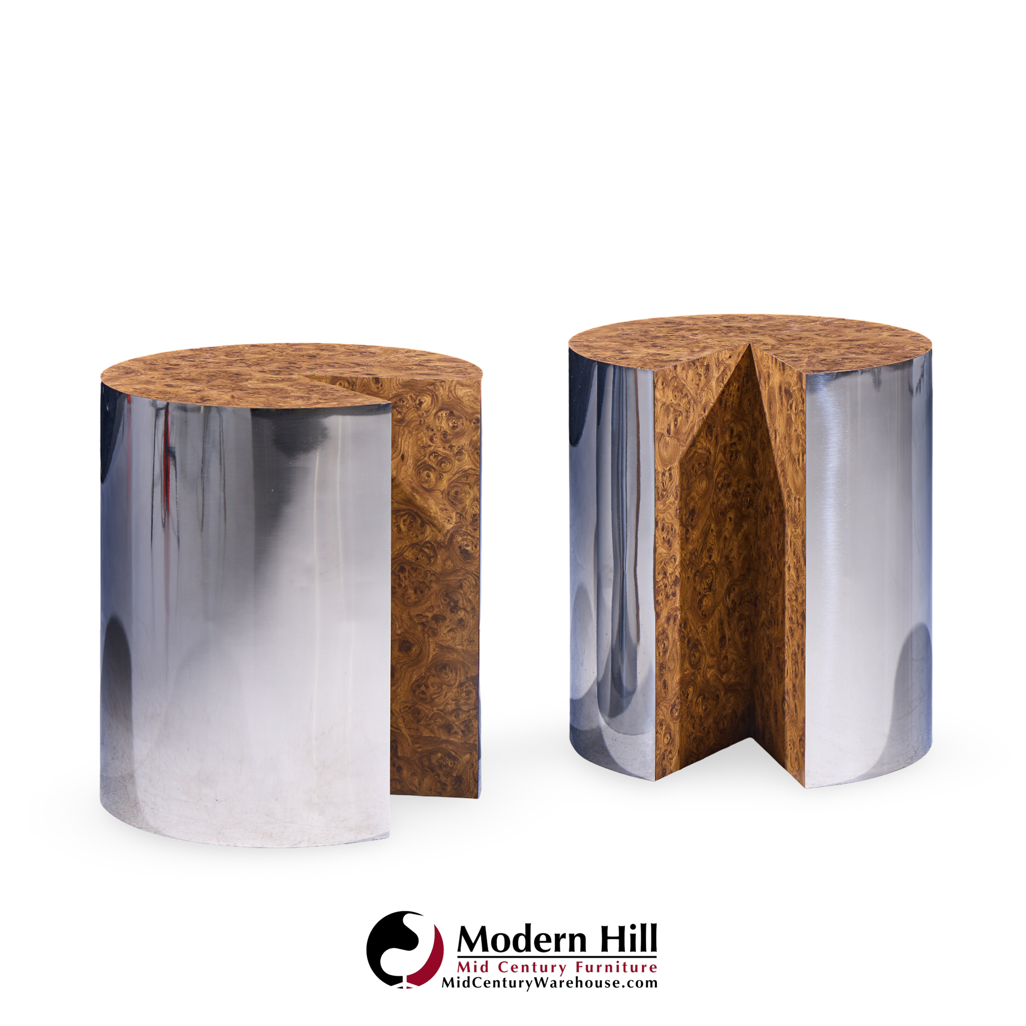 Leon Rosen for Pace Style Mid Century Pac Man Chrome Drum Tables - Pair