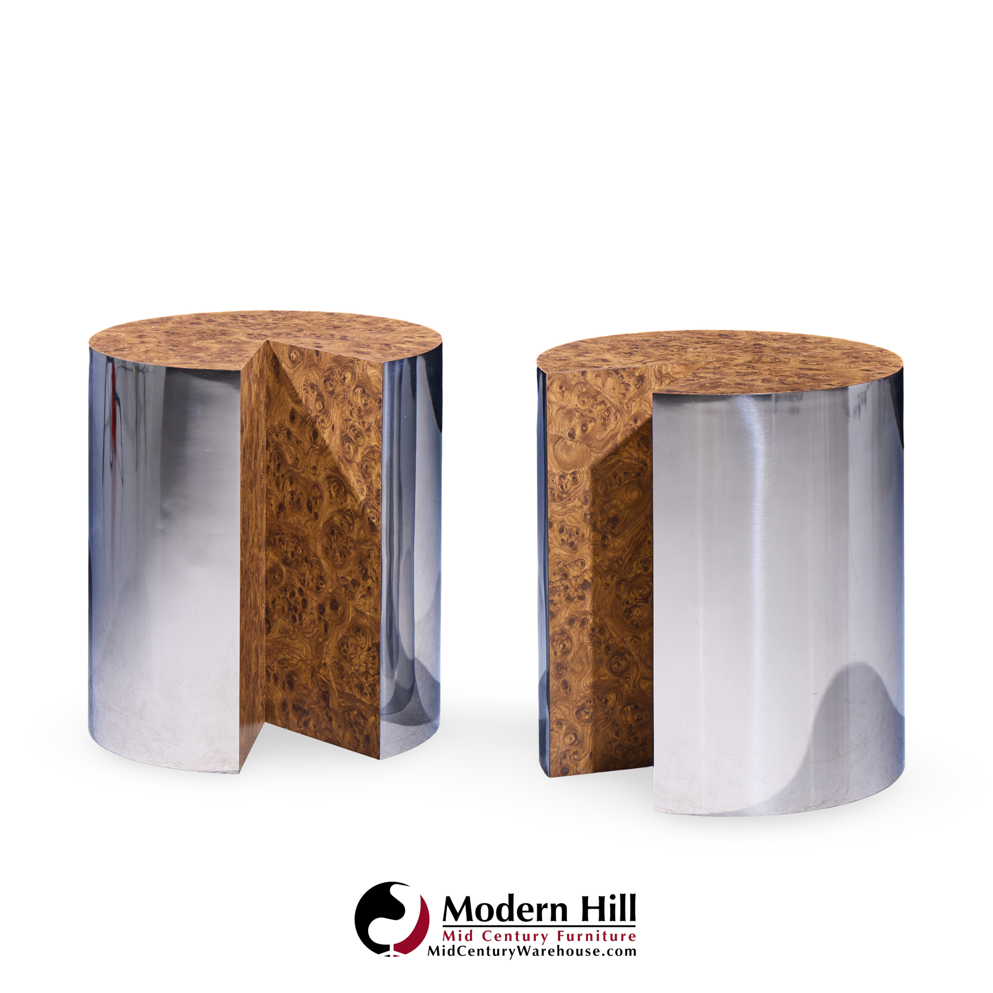 Leon Rosen for Pace Style Mid Century Pac Man Chrome Drum Tables - Pair