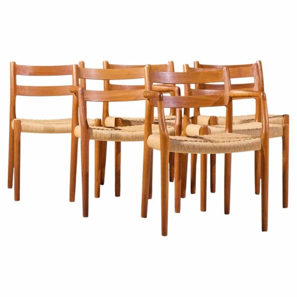 Niels Møller Models 84 and 67 Mid Century Danish Teak and Rope Dining Chairs - Set of 6