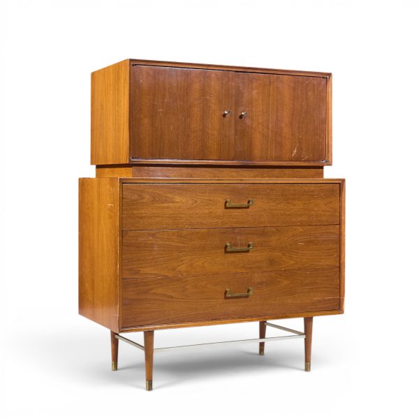paul mccobb style furnette mid century walnut and brass highboy dresser