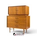 paul mccobb style furnette mid century walnut and brass highboy dresser