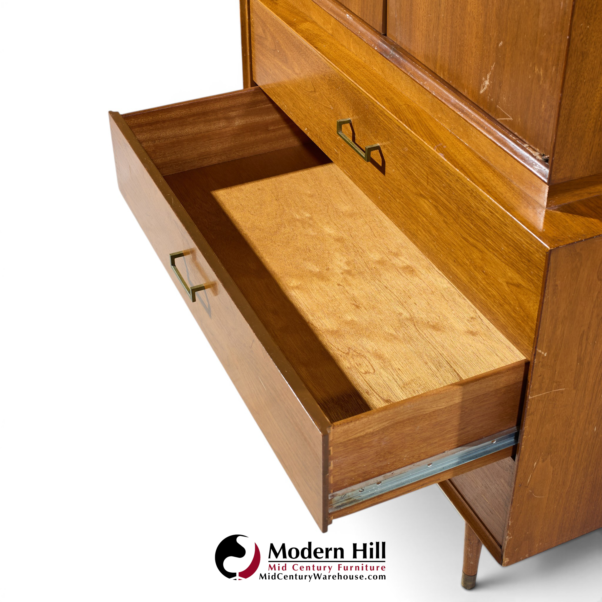 paul mccobb style furnette mid century walnut and brass highboy dresser