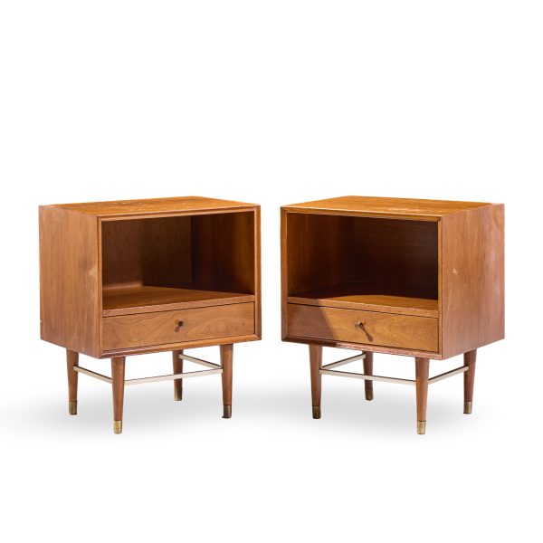 Paul Mccobb Style Furnette Mid Century Walnut and Brass Nightstands - Pair