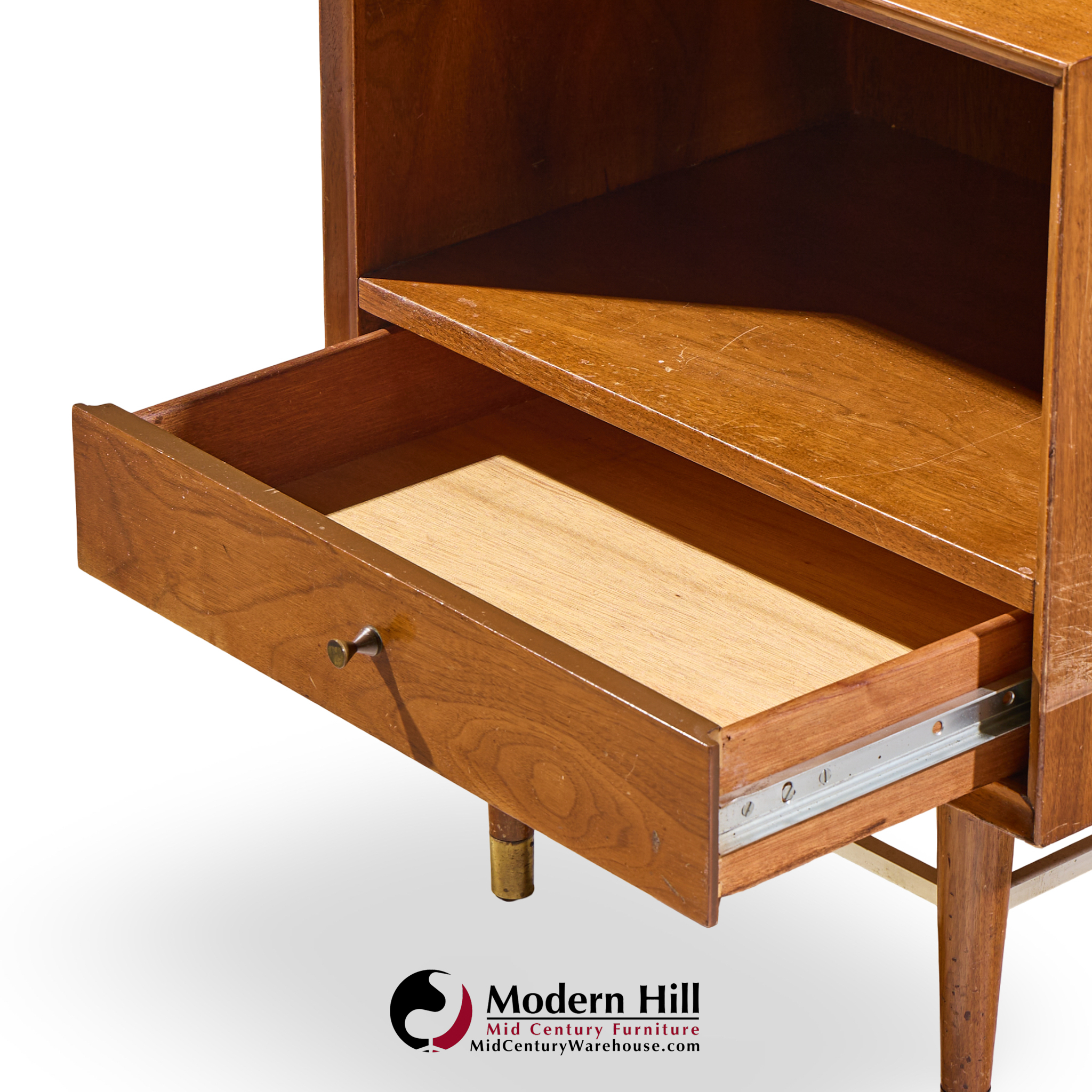 Paul Mccobb Style Furnette Mid Century Walnut and Brass Nightstands - Pair