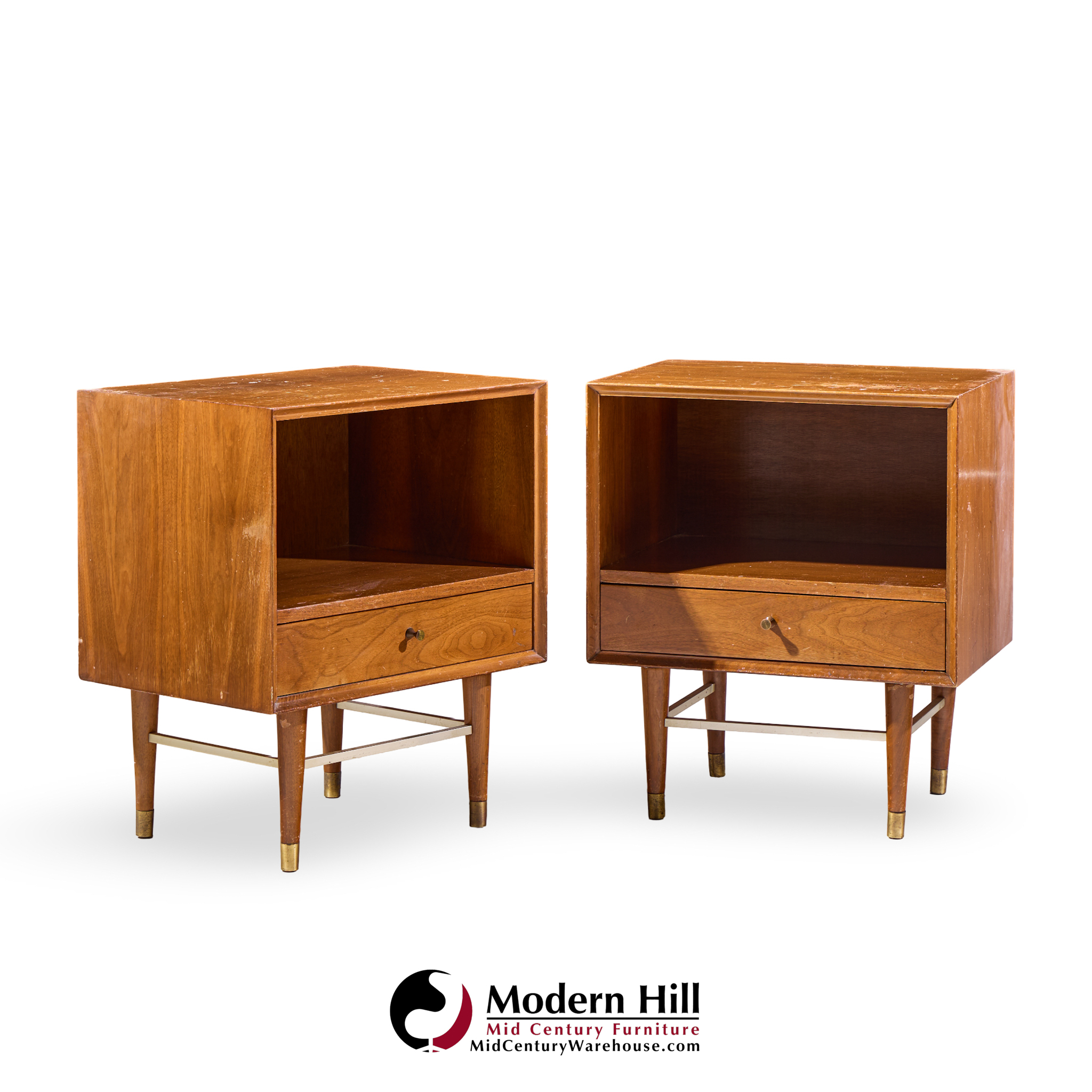 Paul Mccobb Style Furnette Mid Century Walnut and Brass Nightstands - Pair
