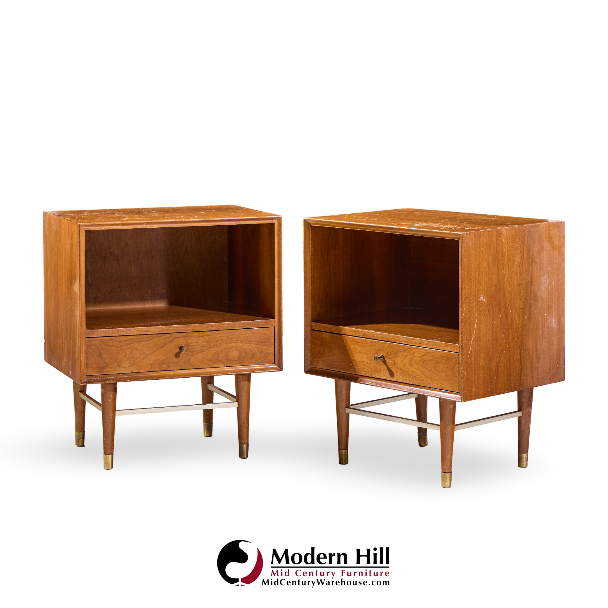 Paul Mccobb Style Furnette Mid Century Walnut and Brass Nightstands - Pair