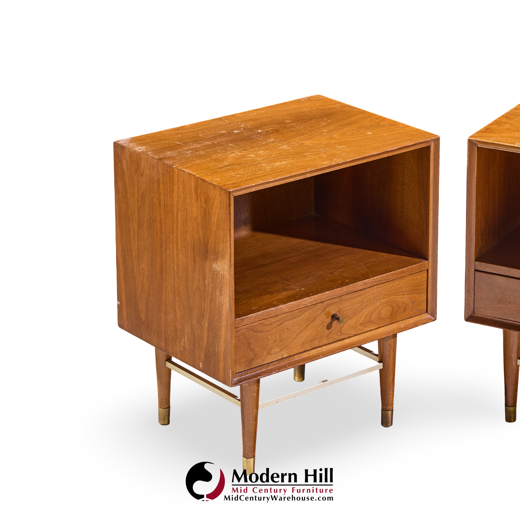 Paul Mccobb Style Furnette Mid Century Walnut and Brass Nightstands - Pair