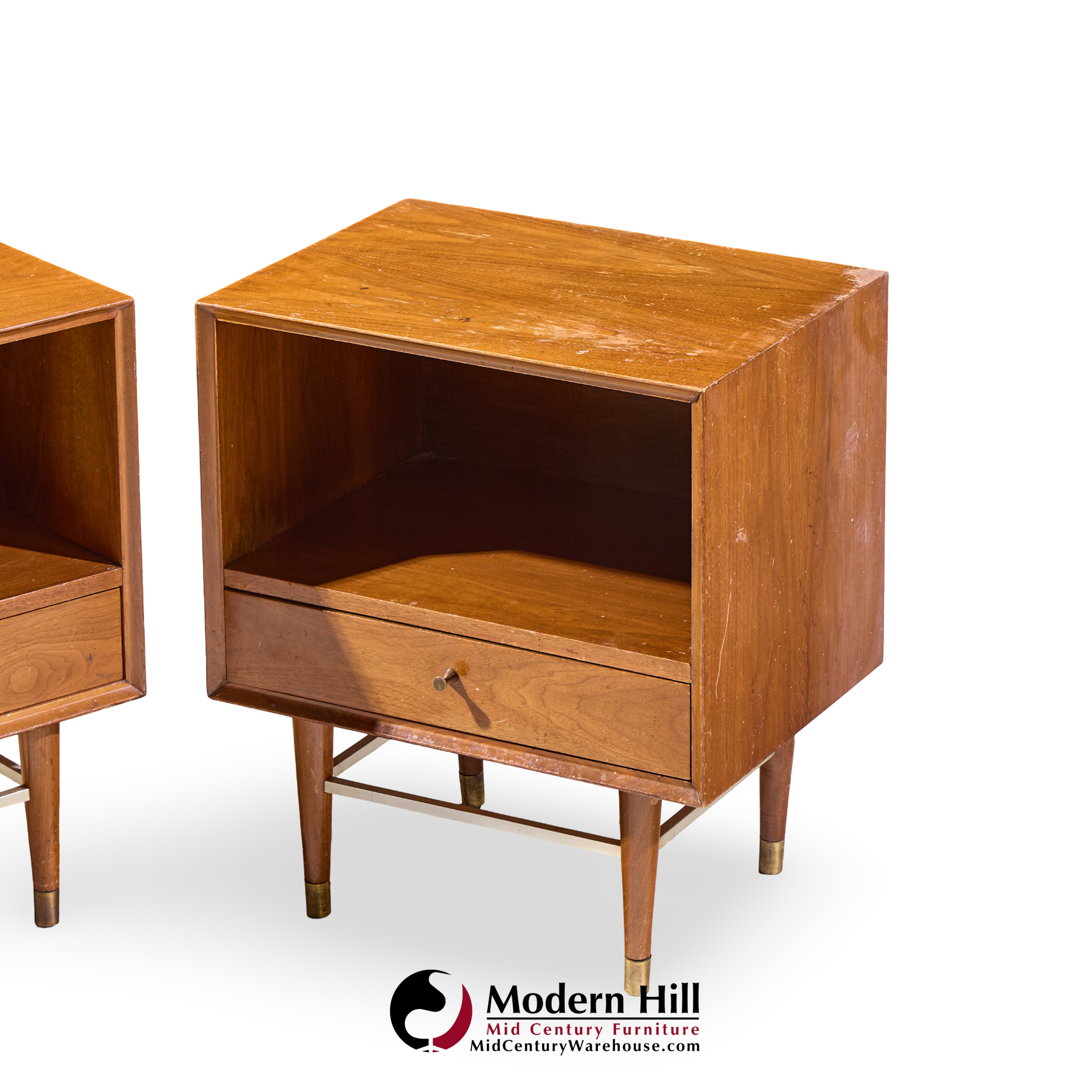 Paul Mccobb Style Furnette Mid Century Walnut and Brass Nightstands - Pair