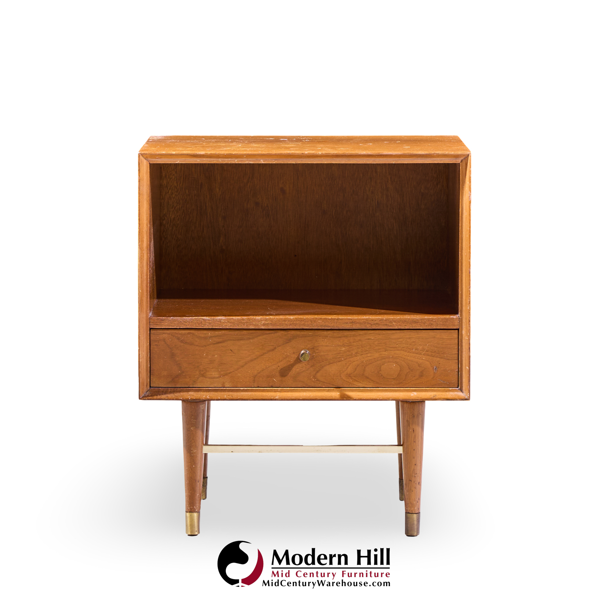 Paul Mccobb Style Furnette Mid Century Walnut and Brass Nightstands - Pair