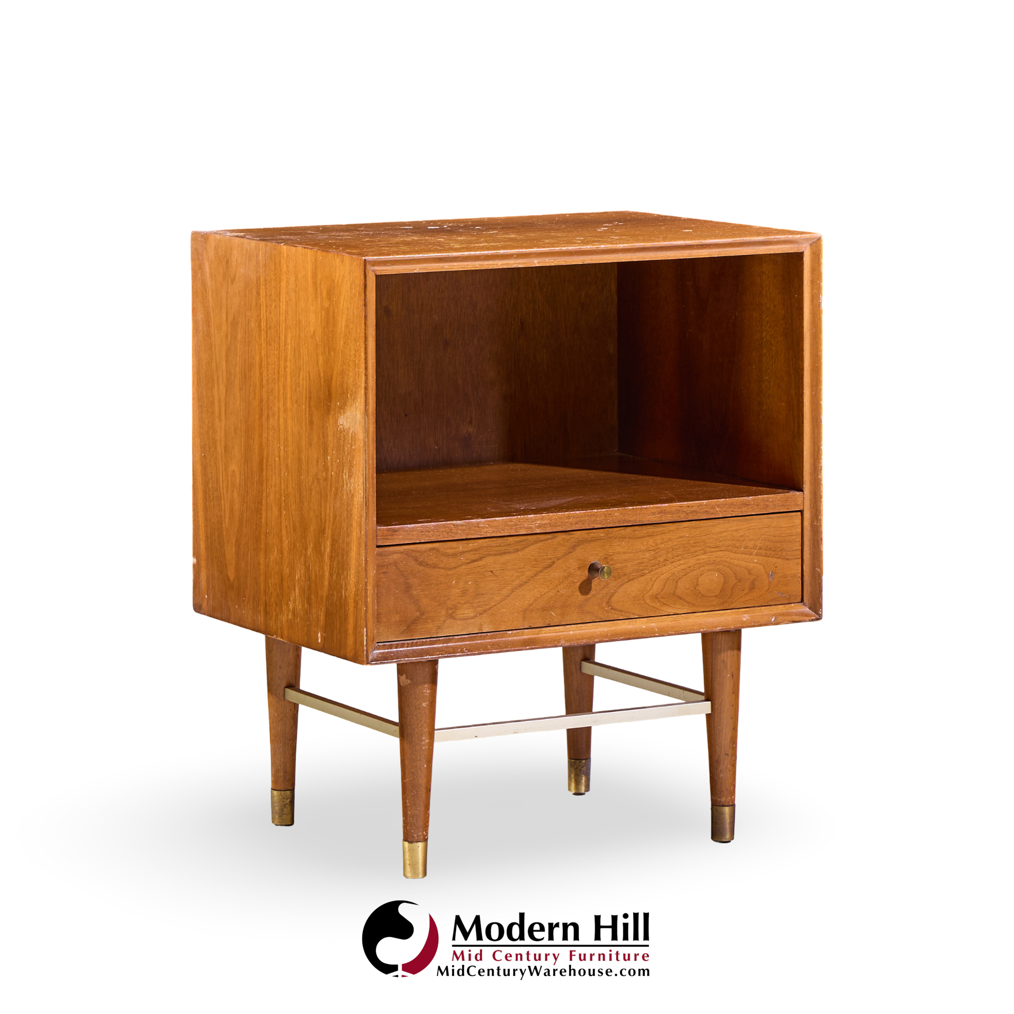 Paul Mccobb Style Furnette Mid Century Walnut and Brass Nightstands - Pair