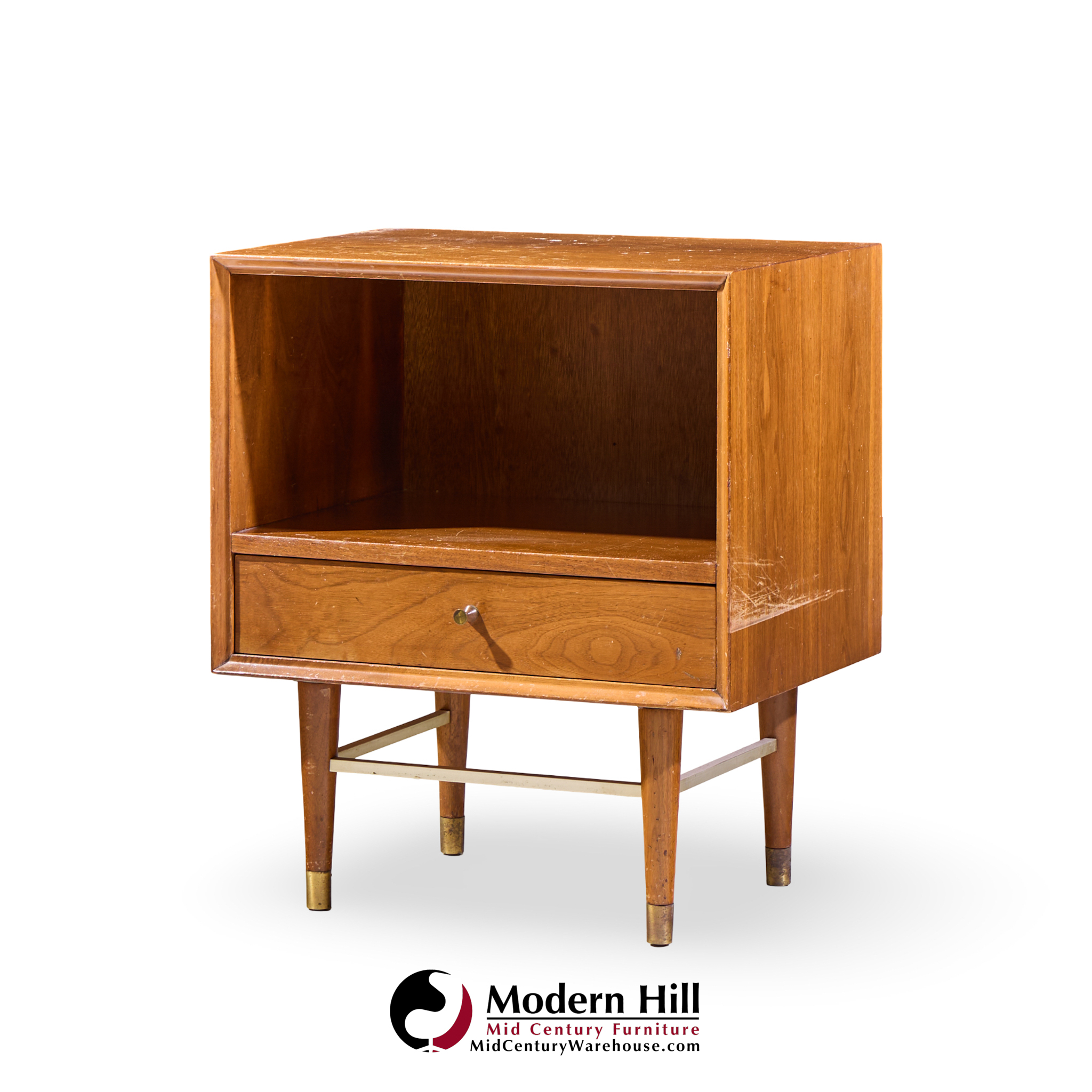 Paul Mccobb Style Furnette Mid Century Walnut and Brass Nightstands - Pair