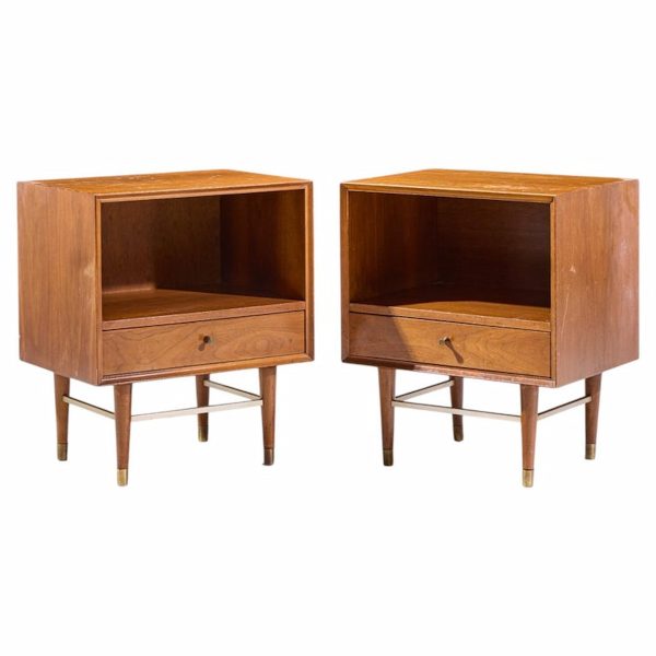 paul mccobb style furnette mid century walnut and brass nightstands - pair