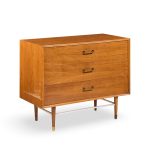 Paul Mccobb Style Furnette Mid Century Walnut and Brass Three Drawer Dresser