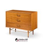 Paul Mccobb Style Furnette Mid Century Walnut and Brass Three Drawer Dresser