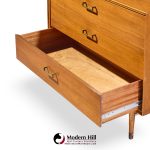 Paul Mccobb Style Furnette Mid Century Walnut and Brass Three Drawer Dresser